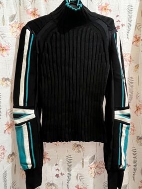 Paola Frani Black Ribbed Turtleneck Sweater with Teal and White Stripes